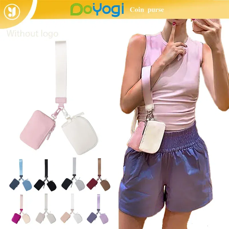 Color: SKY BLUE - Mini Dual Coin Pouch Solid Color Wristlet Keychain Wallet Change Pocket Handbag lulu Coin Purse Women Portable Key Card Holder