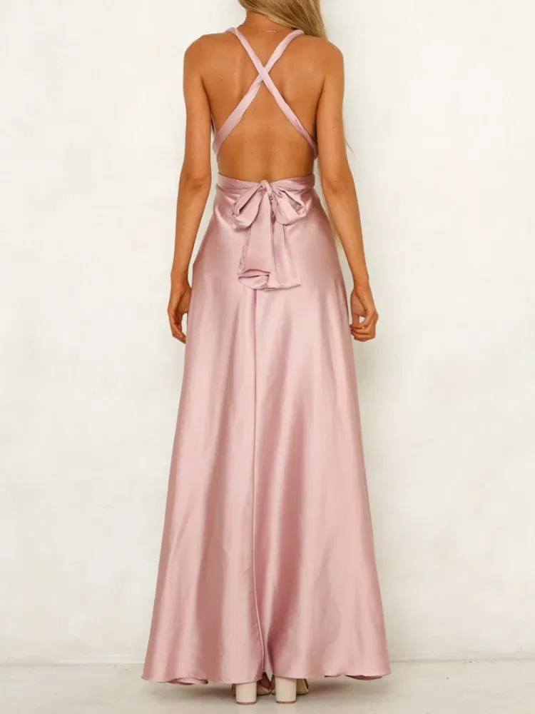 Color: Pink, Size: S - Summer New Women's Long Dress Fashion Temperament Solid Color Bandage V-neck Sexy Women's Backless High-waisted Swing Dress