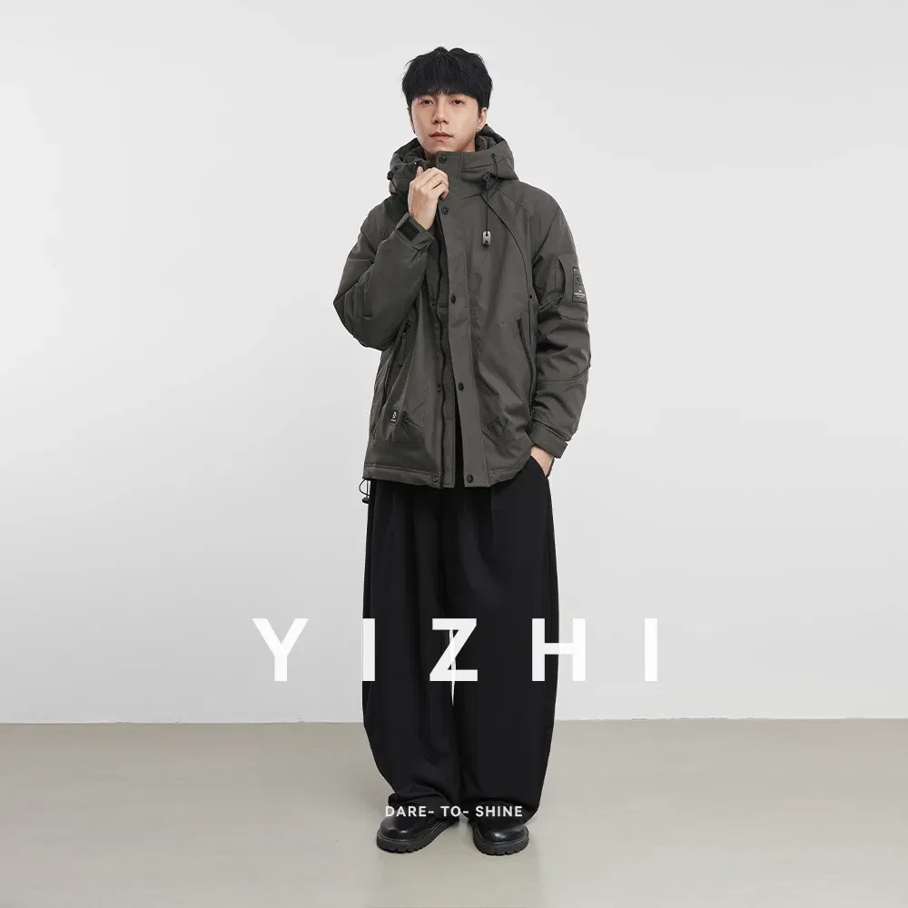 Fashion Men's Casual Full Zip Hooded Jacket 2025 Winter New Multiple Pockets Logo Detail Windproo Warm Long Sleeve Outerwear Top
