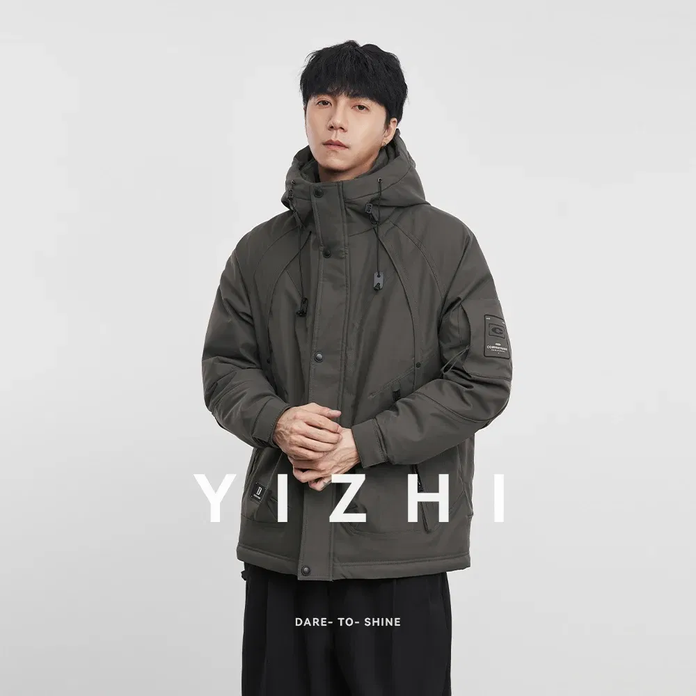 Fashion Men's Casual Full Zip Hooded Jacket 2025 Winter New Multiple Pockets Logo Detail Windproo Warm Long Sleeve Outerwear Top