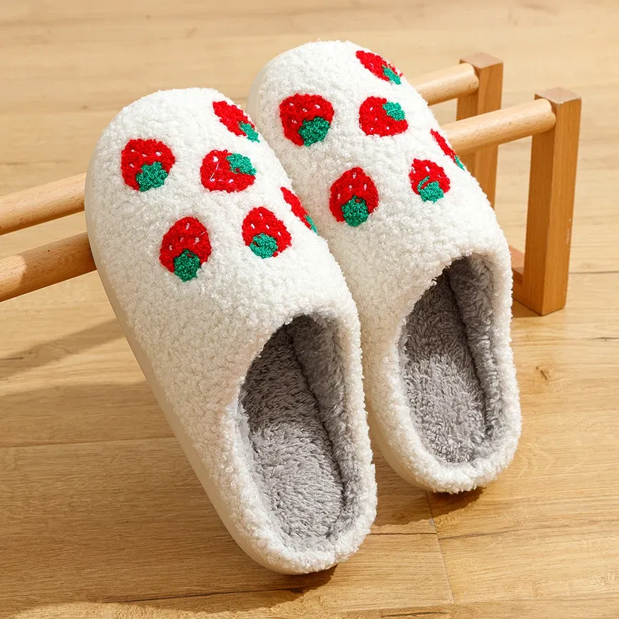 Color: Red, Shoe Size: 4.5 - Cute Avocado Women Slippers Winter Warm Indoor Fruit Cartoon Funny Soft Non-slip Slipper Cherry Strawberry Comfy Cotton Shoes