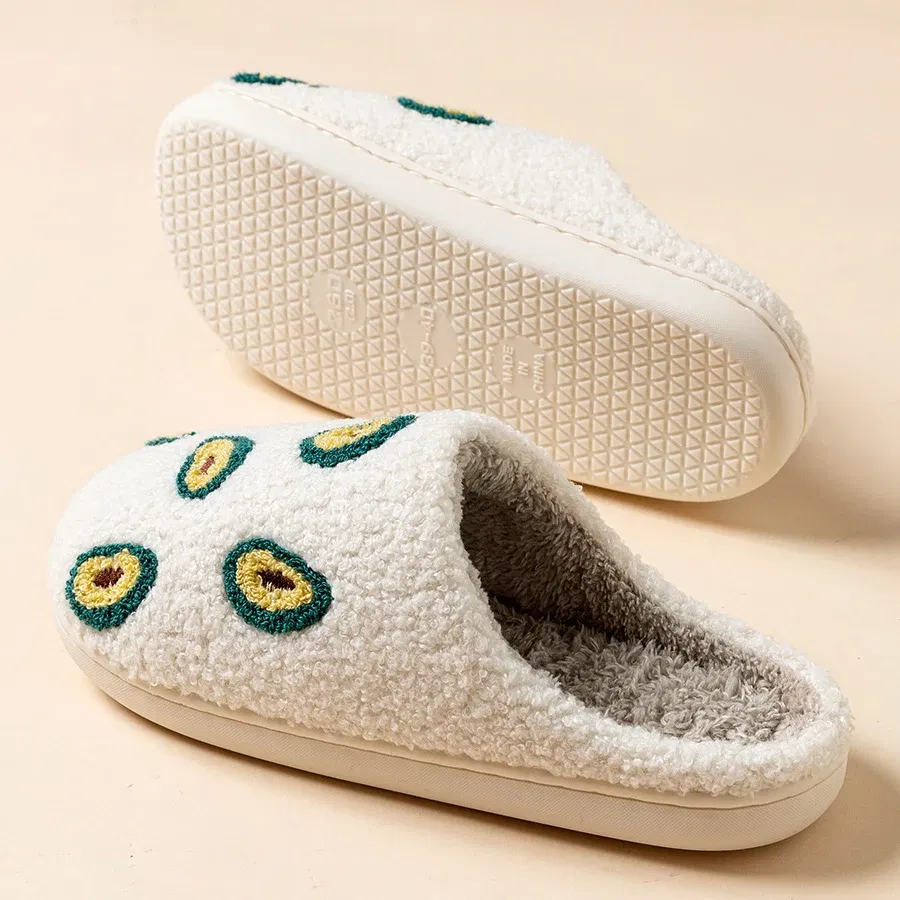 Color: Red, Shoe Size: 4.5 - Cute Avocado Women Slippers Winter Warm Indoor Fruit Cartoon Funny Soft Non-slip Slipper Cherry Strawberry Comfy Cotton Shoes