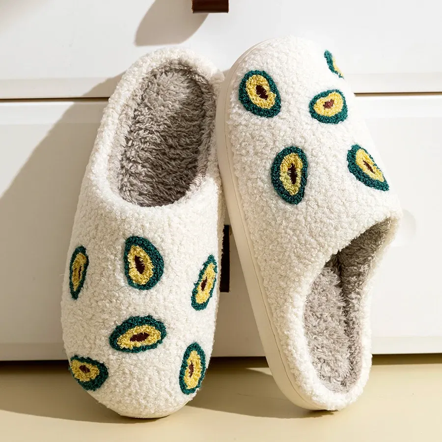 Color: Red, Shoe Size: 4.5 - Cute Avocado Women Slippers Winter Warm Indoor Fruit Cartoon Funny Soft Non-slip Slipper Cherry Strawberry Comfy Cotton Shoes