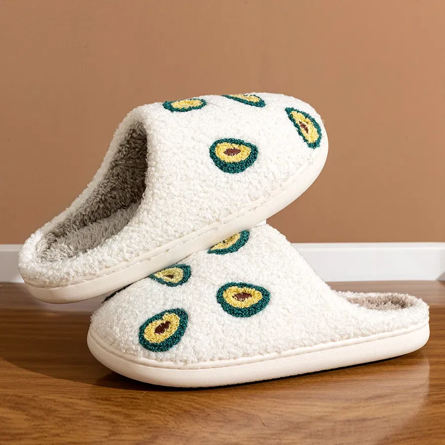 Color: Red, Shoe Size: 4.5 - Cute Avocado Women Slippers Winter Warm Indoor Fruit Cartoon Funny Soft Non-slip Slipper Cherry Strawberry Comfy Cotton Shoes