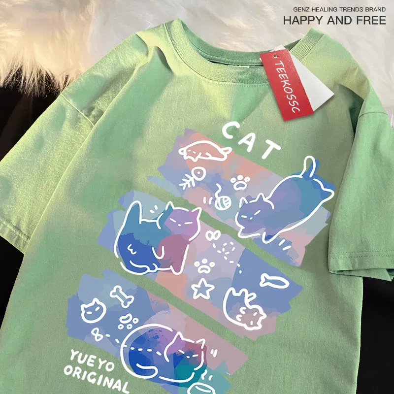 Color: Pink, Size: S - Fun Mischievous Cat Print Japanese Style T-Shirts Men Women Fashion Tshirs Breathable Summer T-Shirts Cotton Loose Tee Clothes