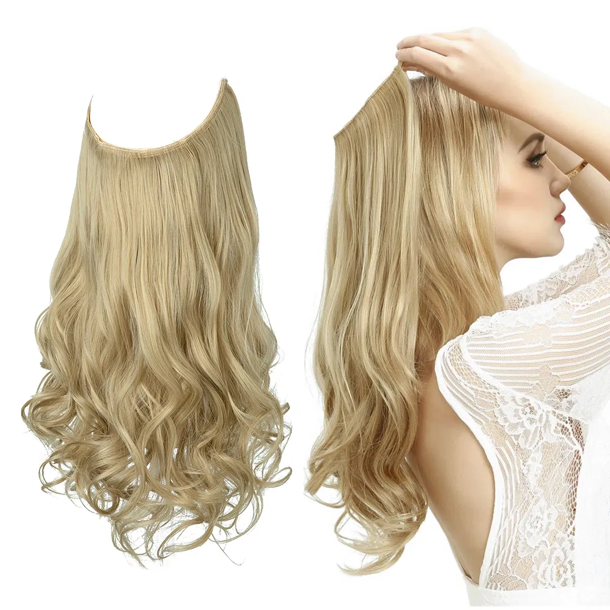 Color: P18/613, Stretched Length: 22INCHES - Synthetic No Clip Wave Hair Extensions Ombre Natural Black Blonde Pink One Piece False Hairpiece Fish Line Fake Hair Piece