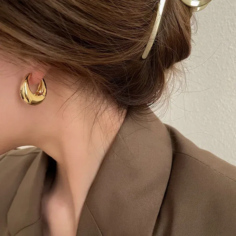 Metal Color: Light Yellow Gold Color - Stainless Steel Smooth Metal Chunky Hoop Earrings For Women Girls Fashion Round Circle Hoops Statement Earrings Punk Jewelry