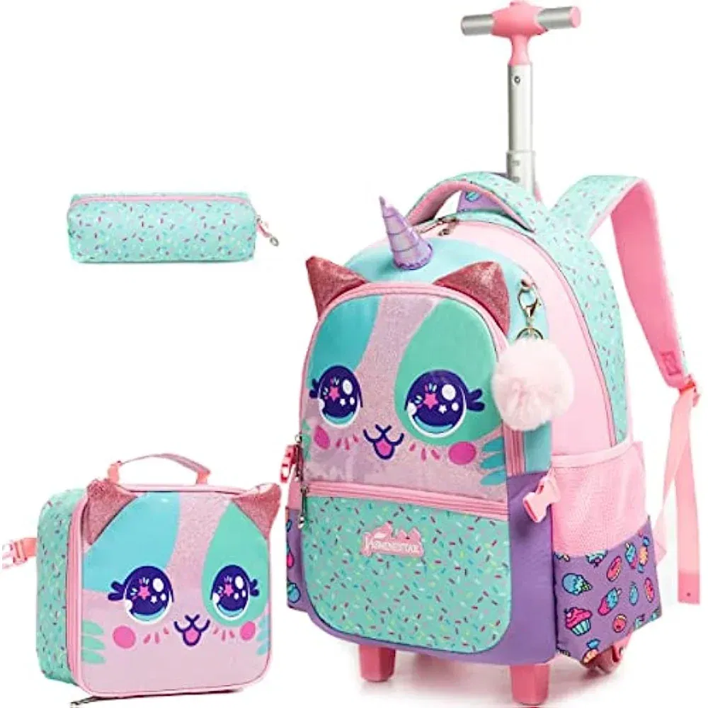 Color: black, Ships From: CHINA - BIKAB Kids Rolling Backpack for Girls Cute Sequin Cat Backpacks with Wheels for Elementary Students with Lunch Box for Girls