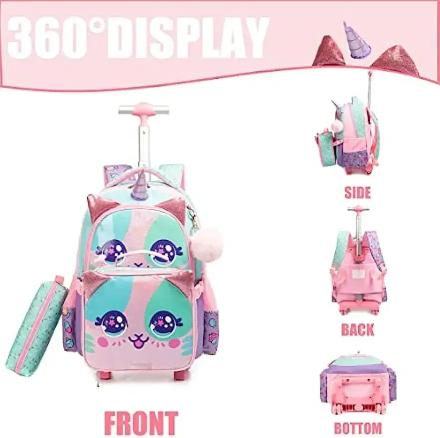 Color: black, Ships From: CHINA - BIKAB Kids Rolling Backpack for Girls Cute Sequin Cat Backpacks with Wheels for Elementary Students with Lunch Box for Girls