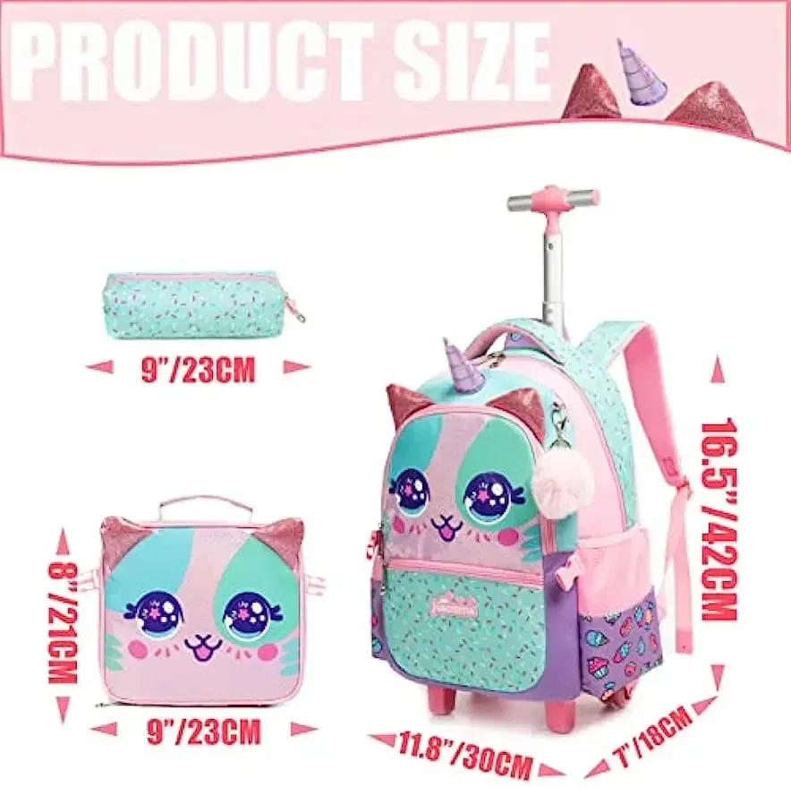 Color: black, Ships From: CHINA - BIKAB Kids Rolling Backpack for Girls Cute Sequin Cat Backpacks with Wheels for Elementary Students with Lunch Box for Girls