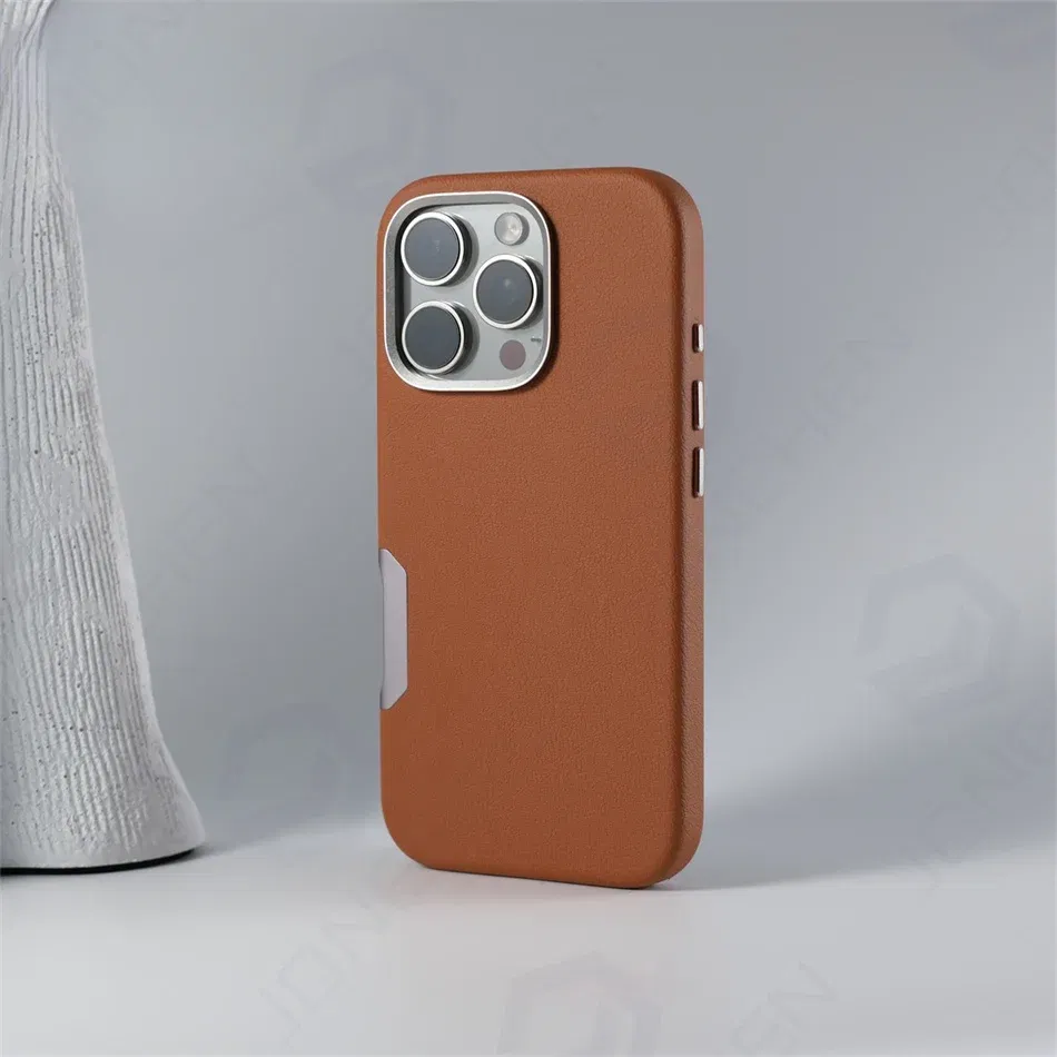 Color: Brown, Material: TPU - Aluminium Camera Button For iPhone 16 Pro Max Case Solid Leather Alloy Len Magnetic Wireless Charge Shockproof Cover For Magsafe