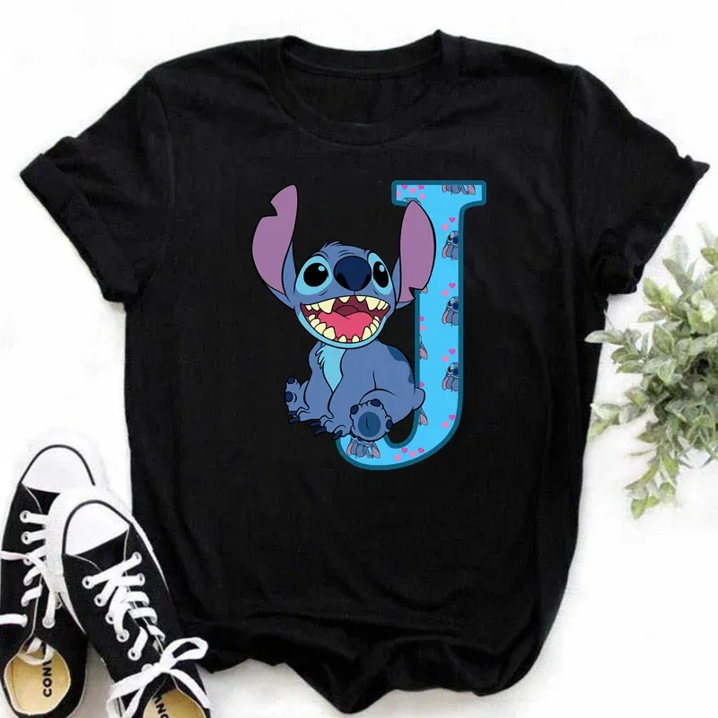 Color: Khaki, Size: L - Disney Lilo&Stitch A-Z Alphabet Summer Women's Printed T-Shirt Women's Casual Tops T-Shirt Fashion Cartoon Plus Size T-Shirt
