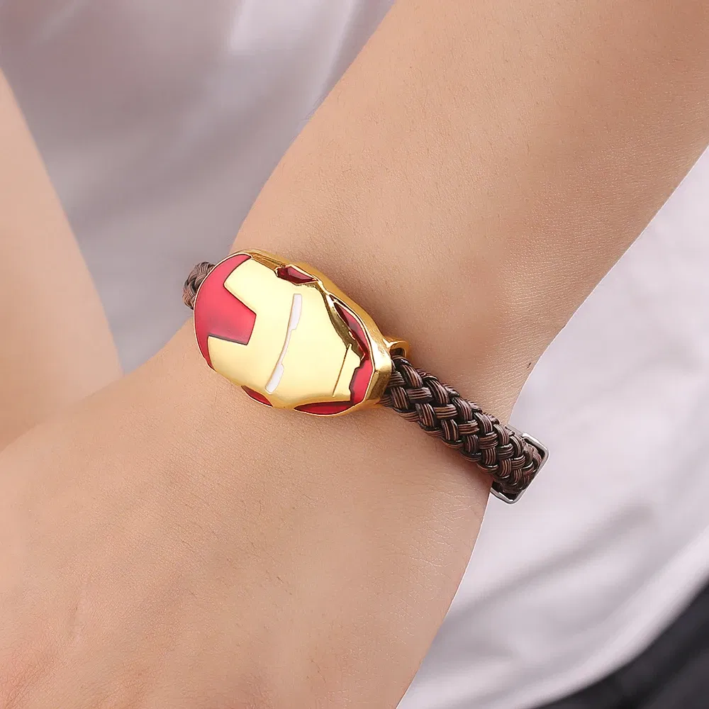 Metal Color: Vermeil, Ships From: CHINA - Marvel Superhero The Avengers Bracelet Iron Man Spiderman Mask Handmade Woven Leather Rope Bangle Charm Jewelry Accessory