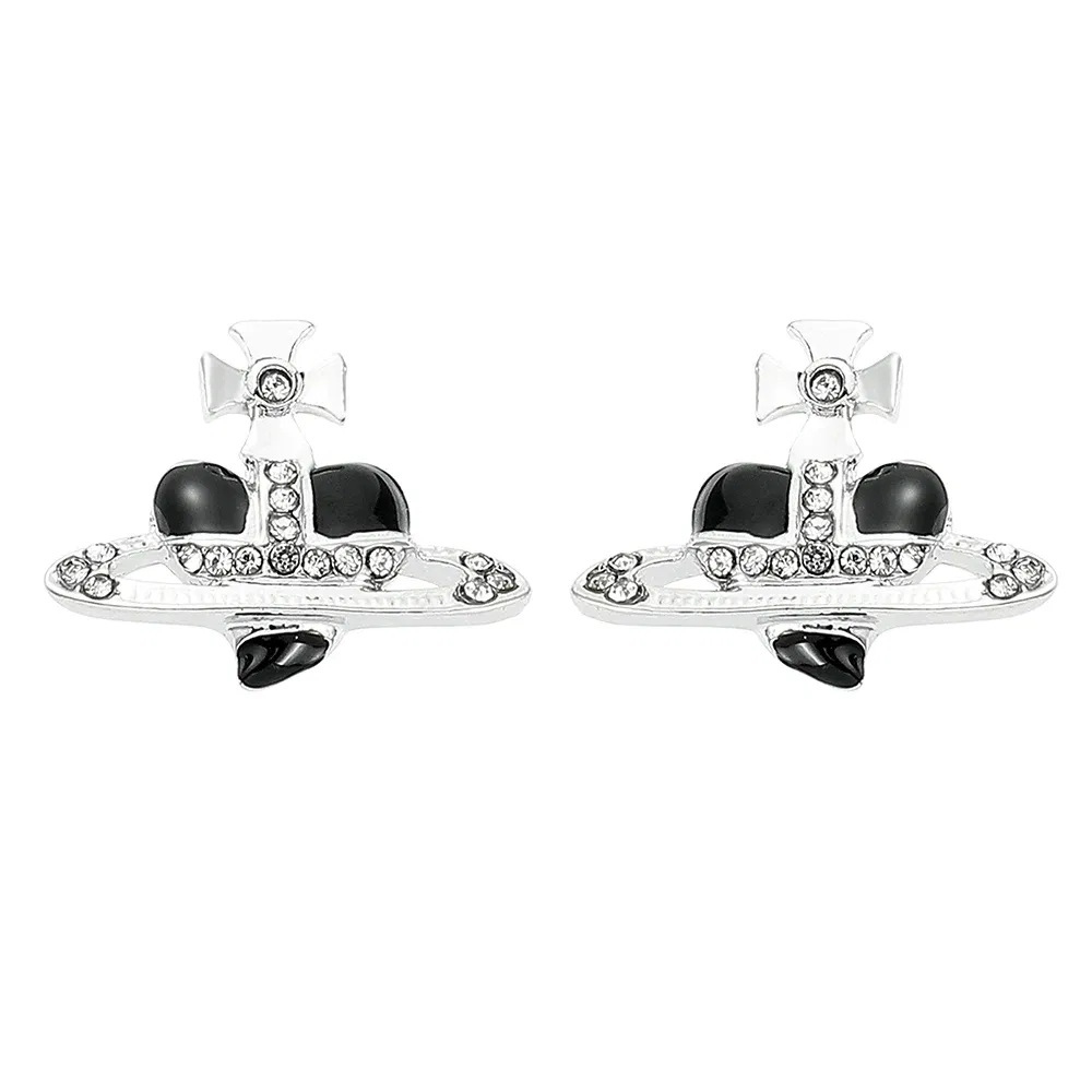 Metal Color: Rhodium Plated - Saturn Planet Stud Earrings For Women Girl Heart Earrings