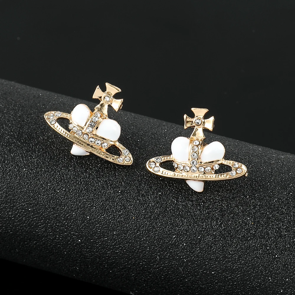 Metal Color: Rhodium Plated - Saturn Planet Stud Earrings For Women Girl Heart Earrings