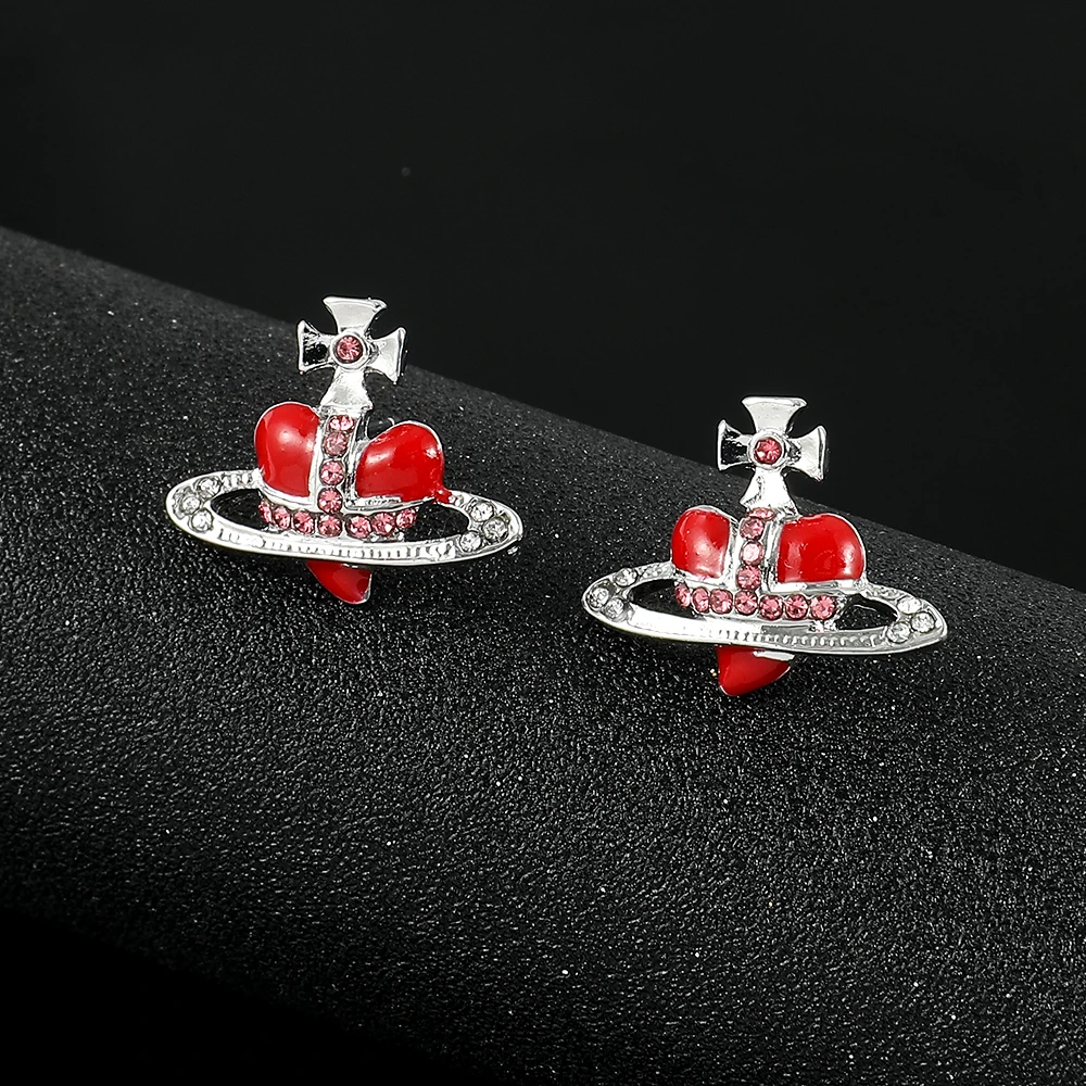 Metal Color: Rhodium Plated - Saturn Planet Stud Earrings For Women Girl Heart Earrings