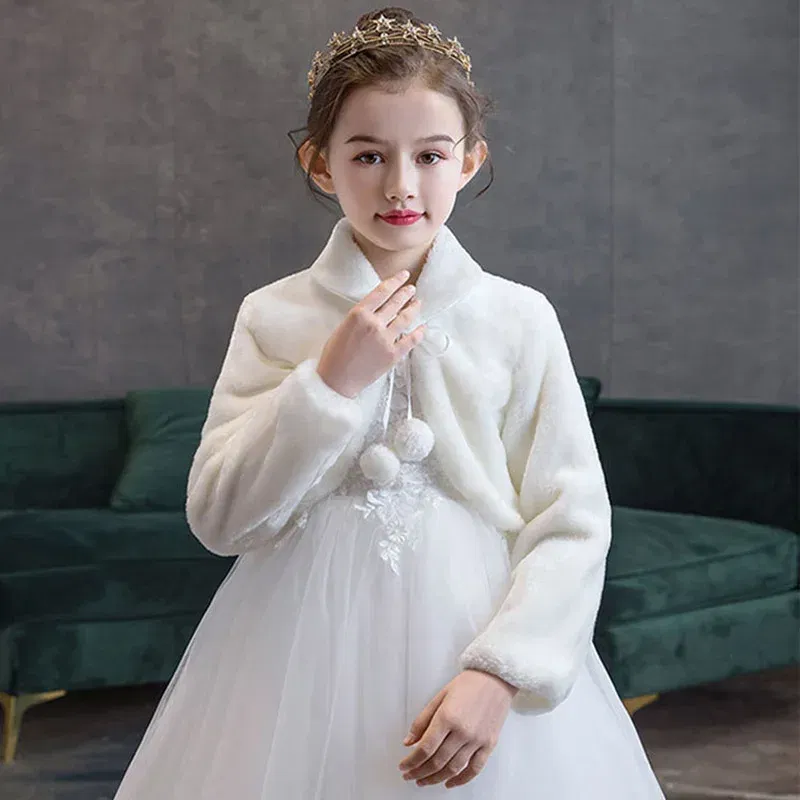 Color: Beige, Kid Size: 11 - Kids Girls Princess Thicken Plush Jacket Crop Wraps Shawl Flower Girls Long Sleeves Bolero Warm Cape Wedding Birthday Party Coat