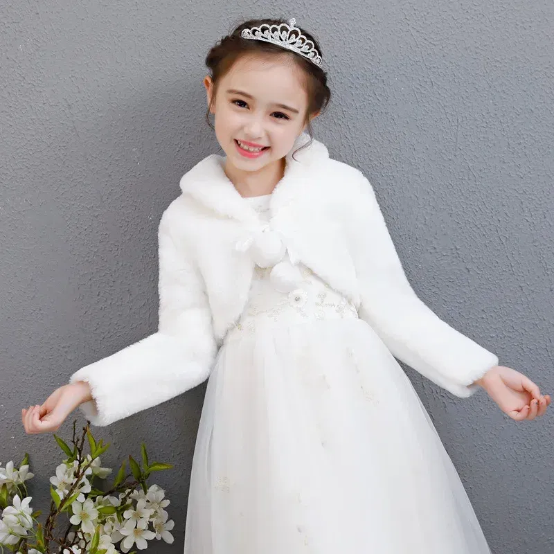 Color: Beige, Kid Size: 11 - Kids Girls Princess Thicken Plush Jacket Crop Wraps Shawl Flower Girls Long Sleeves Bolero Warm Cape Wedding Birthday Party Coat