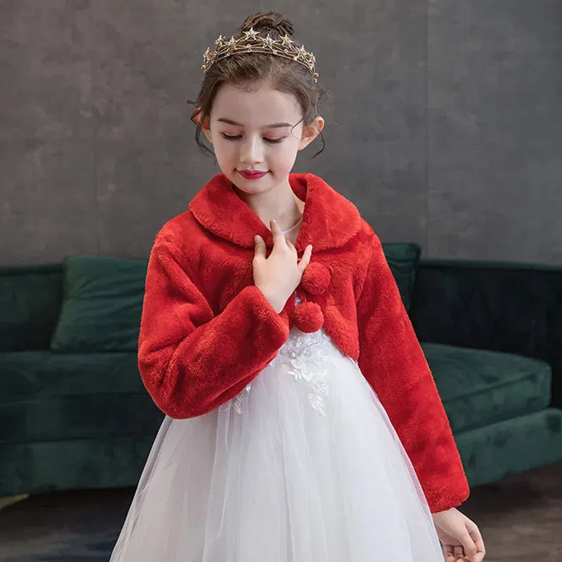 Color: Beige, Kid Size: 11 - Kids Girls Princess Thicken Plush Jacket Crop Wraps Shawl Flower Girls Long Sleeves Bolero Warm Cape Wedding Birthday Party Coat