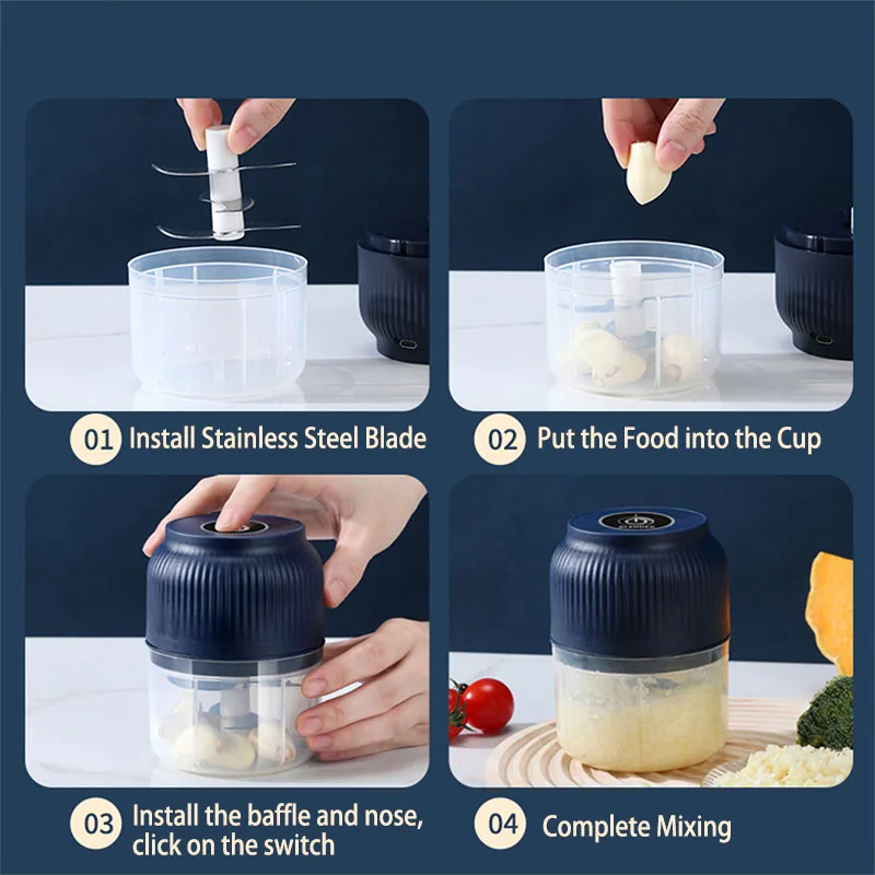 Color: WHITE - 250ML Mini Wireless USB Rechargeable Electric Vegetable Chopper Garlic Crusher Food Chopper for Kitchen Gadgets for Garlic