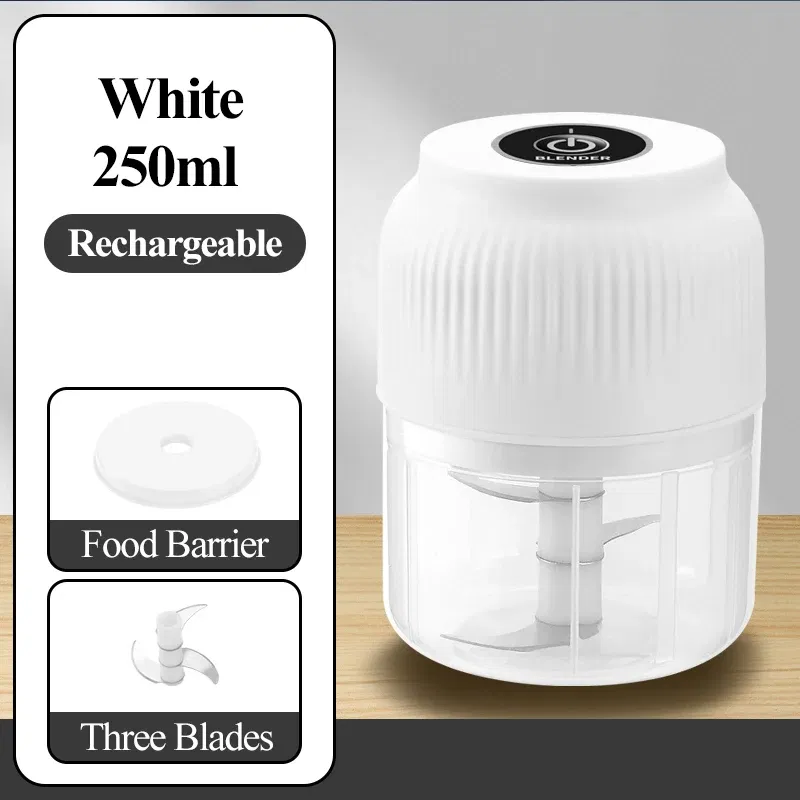 Color: WHITE - 250ML Mini Wireless USB Rechargeable Electric Vegetable Chopper Garlic Crusher Food Chopper for Kitchen Gadgets for Garlic