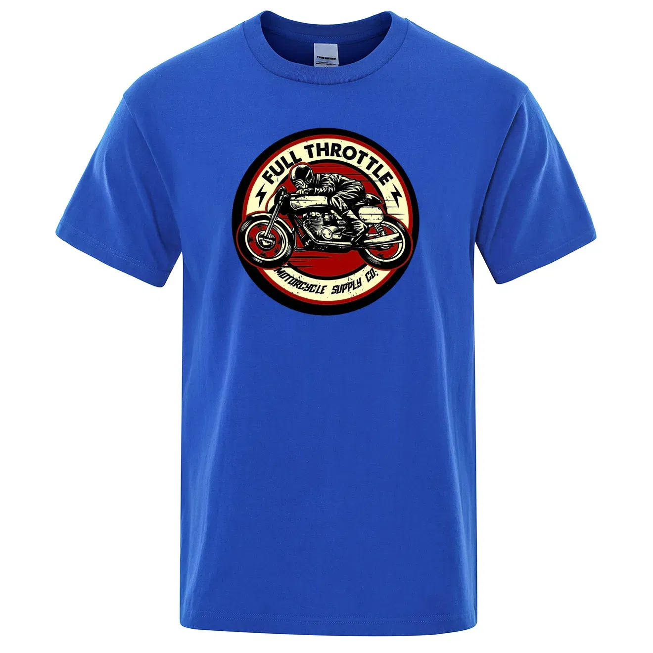 Color: Blue, Size: M - Full Throttle Cafe Racer Rockabilly Biker Printed T-Shirt Men Fashion Casual Short Sleeve Loose Cotton Tshirt Summer Loose Tees