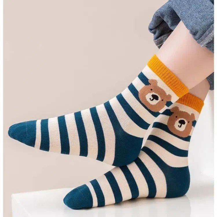 Color: Beige, Size: 10-12T - 5 Pairs Children's Socks Boys Autumn Cotton Socks Baby Child 1-14T Kids Mid-calf  Bear Sock