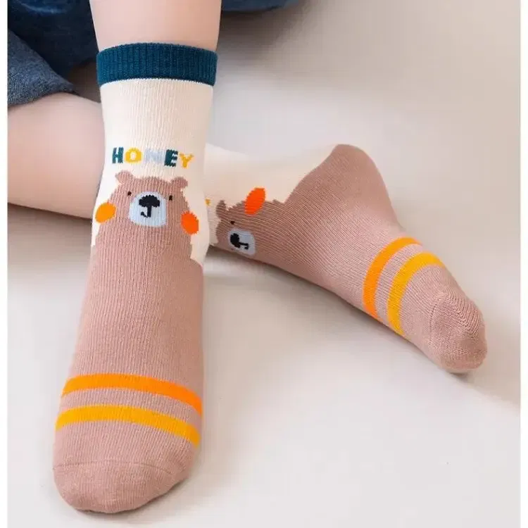 Color: Beige, Size: 10-12T - 5 Pairs Children's Socks Boys Autumn Cotton Socks Baby Child 1-14T Kids Mid-calf Bear Sock