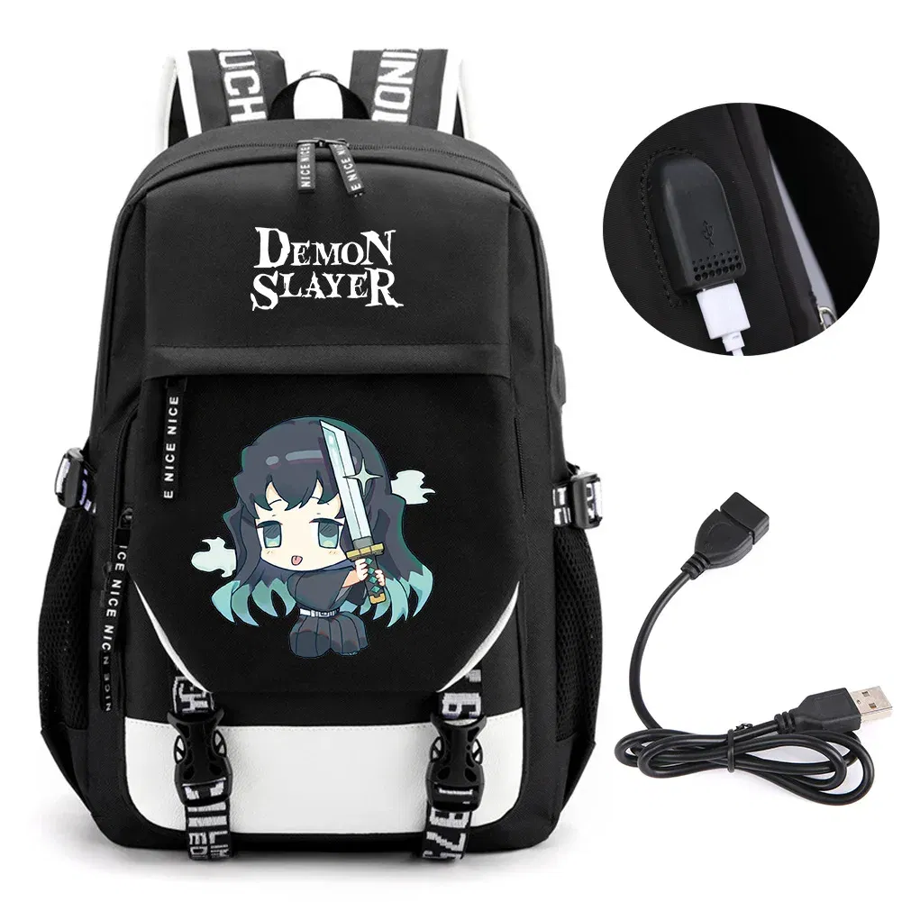 Color: green - Anime Demon Slayer Kamado Nezuko Backpack School Book Bags Mochila Travel USB Port Bag Laptop Boy Girls Gift