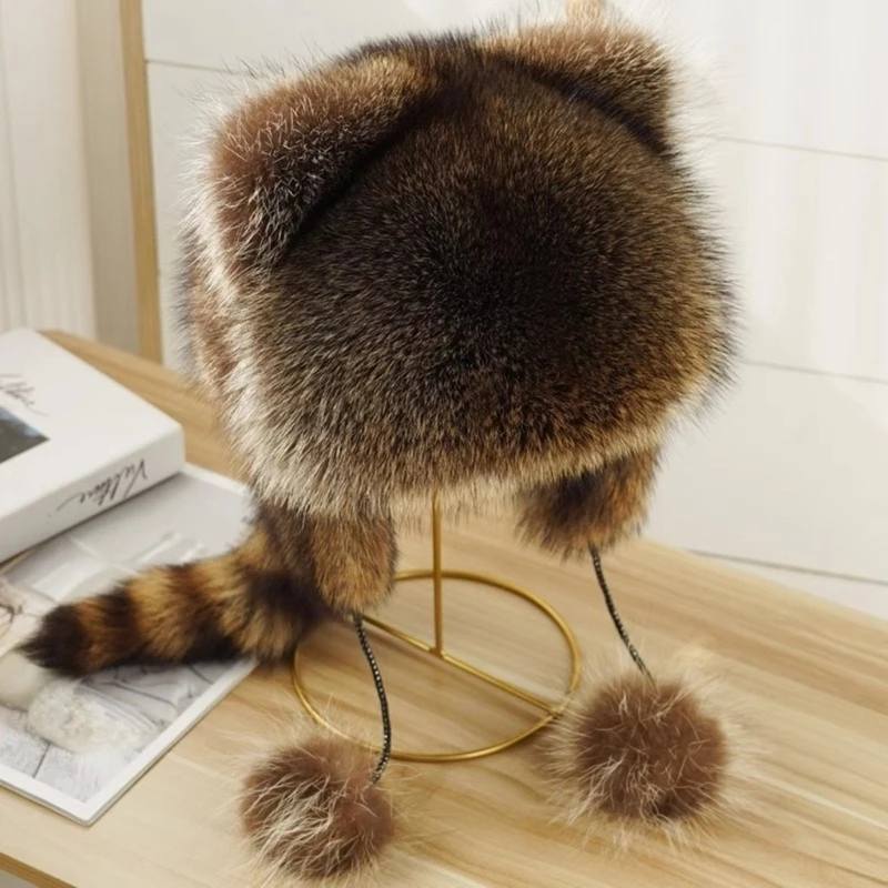 Color: Green - Unisex Parent-Children Plush Hat Mongolian Hat with Raccoon Tail Woman Teens Casual Winter Keep Warm Hat