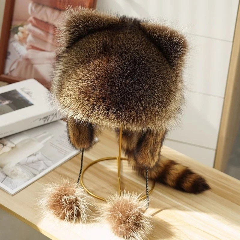Color: Green - Unisex Parent-Children Plush Hat Mongolian Hat with Raccoon Tail Woman Teens Casual Winter Keep Warm Hat