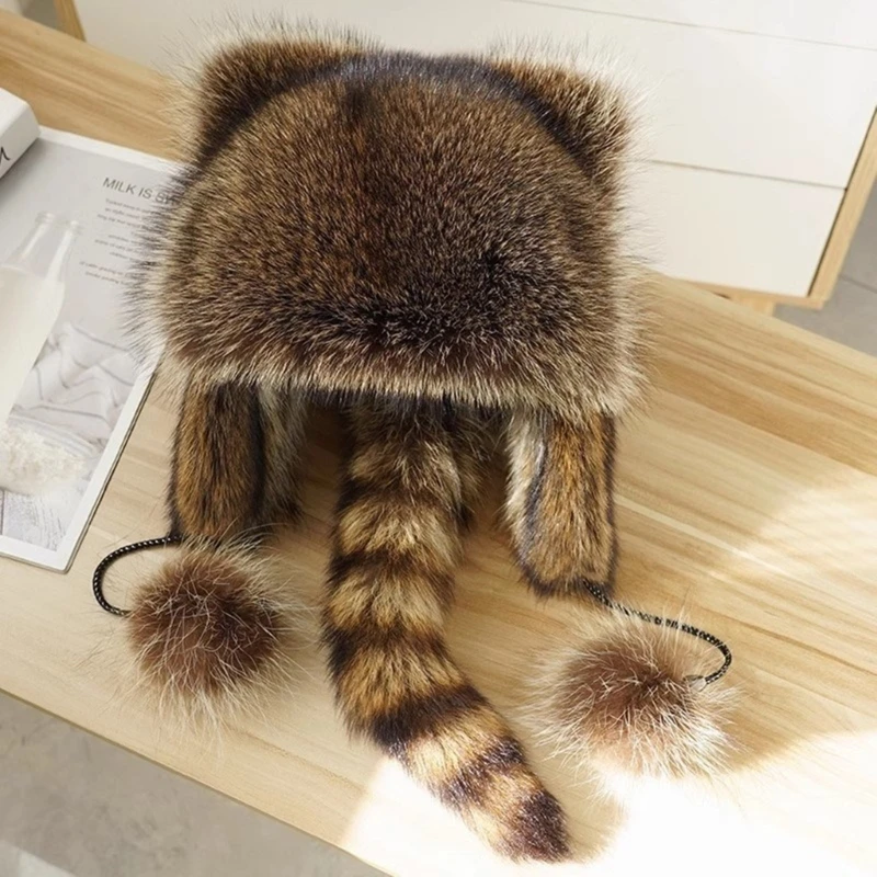 Color: Green - Unisex Parent-Children Plush Hat Mongolian Hat with Raccoon Tail Woman Teens Casual Winter Keep Warm Hat