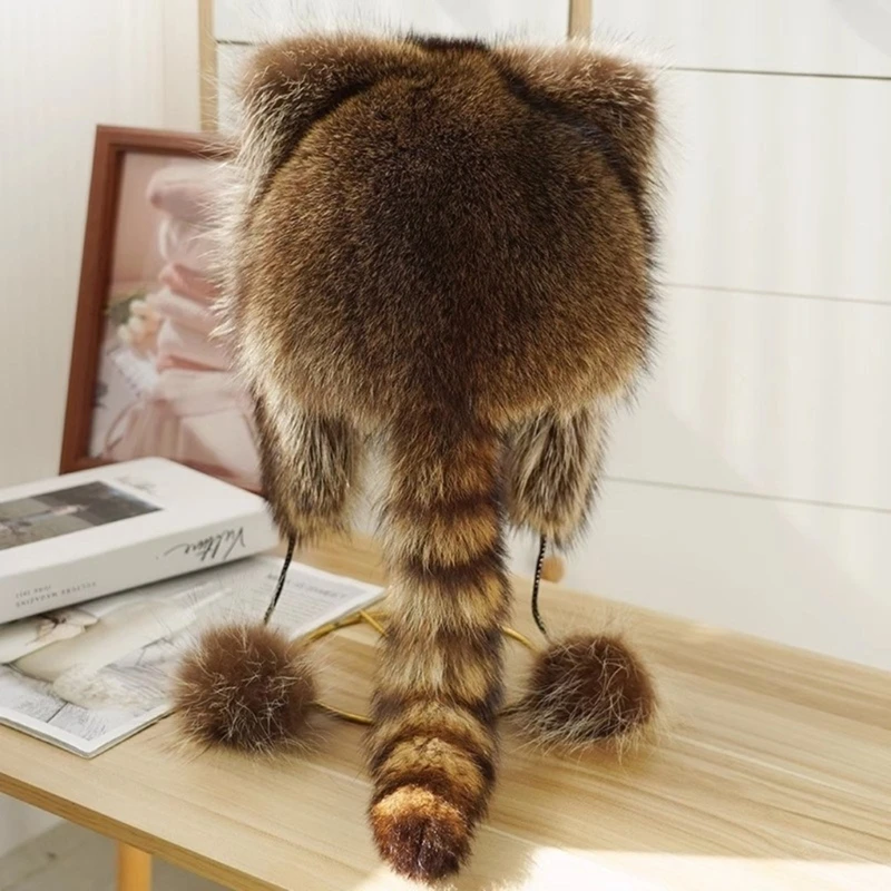 Color: Green - Unisex Parent-Children Plush Hat Mongolian Hat with Raccoon Tail Woman Teens Casual Winter Keep Warm Hat