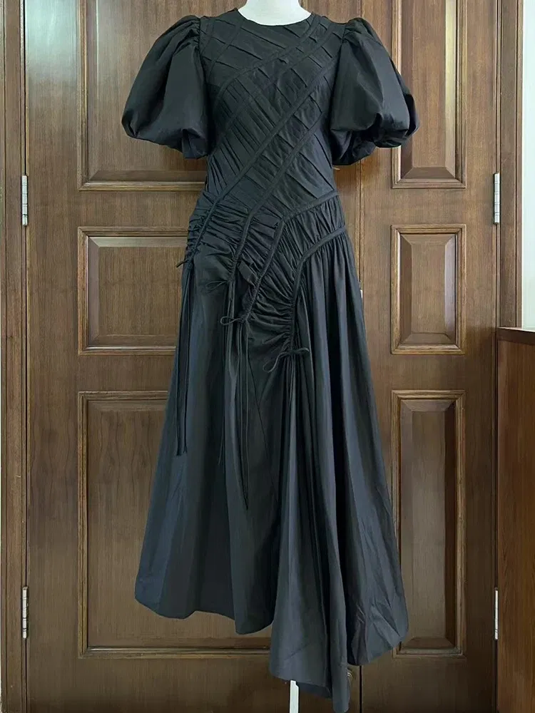 Color: black, Size: XL - 2025 summer women's new round neck lantern short sleeve irregular stitching drawstring dress slim dinner temperament long dress