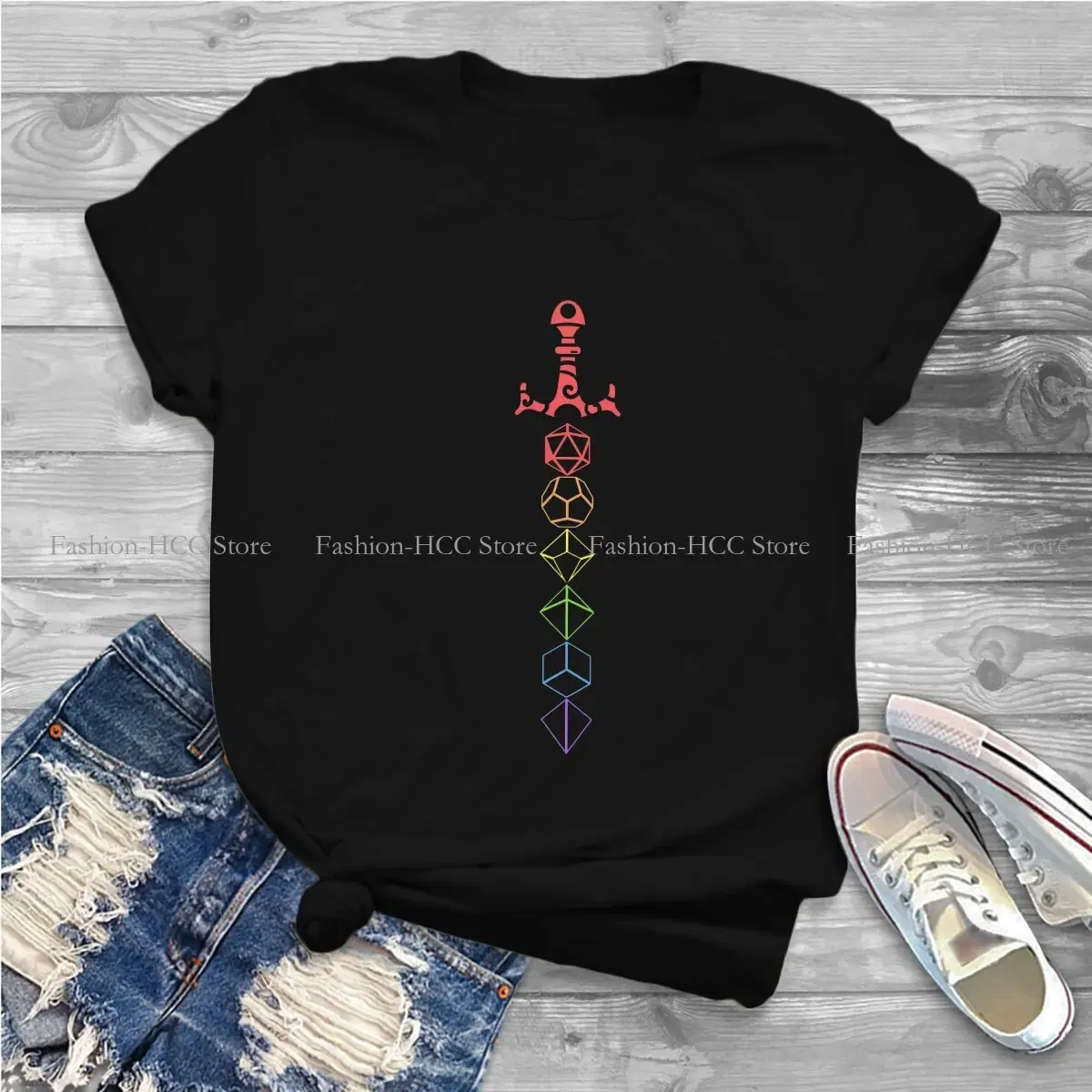 Color: WHITE, Size: XL - Rainbow Dice Sword Tabletop RPG Gaming Unique Polyester TShirt DND Game Top Quality Hip Hop Graphic T Shirt Stuff