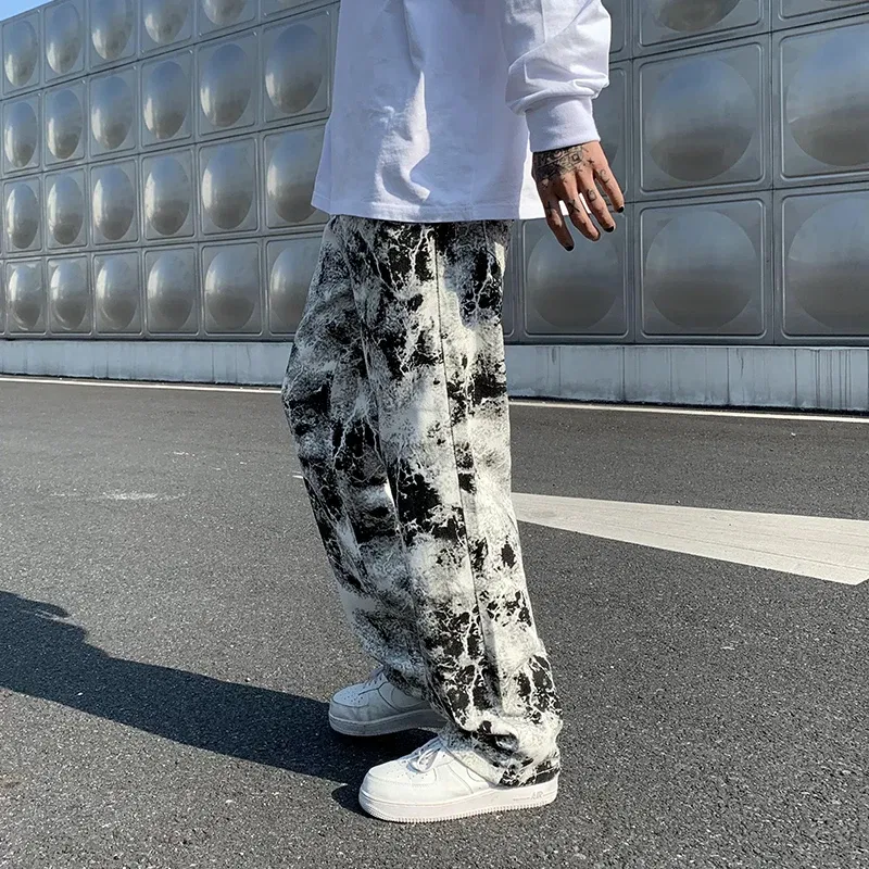 Color: black, Size: 4XL - Printed jeans Unisex Elastic waist Spring 2025 Mopping Trousers Jeans Mens Fashion Korean Style High Street Loose Hip Hop Pants