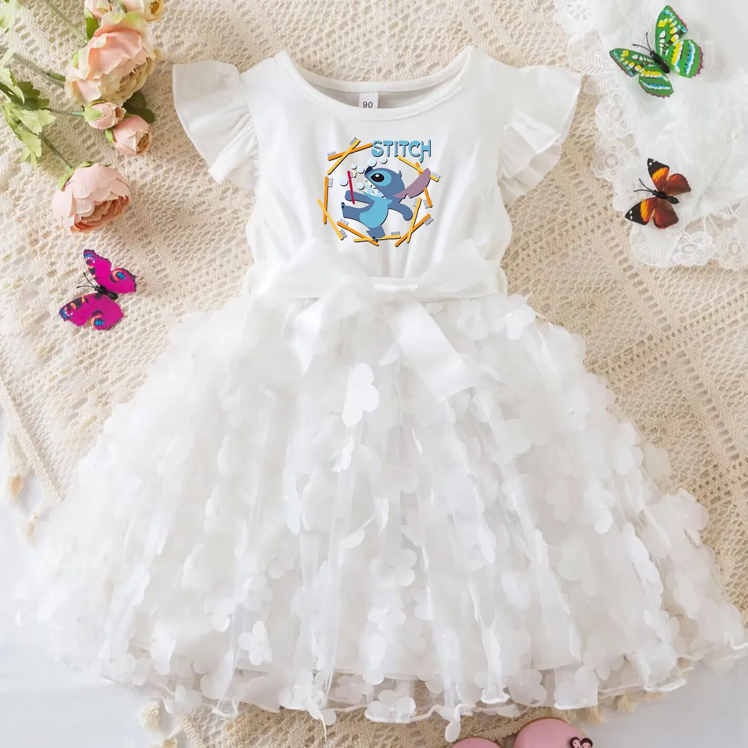 Color: Champagne, Size: M - 3D Butterfly Cute Lilo Stitch Summer Dress for Kid's Casual Clothes Baby Girls Beautiful Princess Dress Party Dresses 2-6 Yrs