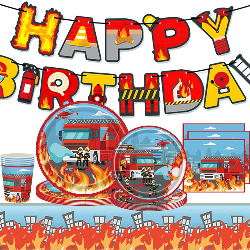 Color: plum - Fireman Fire Truck Party Disposable Tableware Plates Cups Napkins Tablecloth Birthday Banner Fire Rescue Birthday Decoration