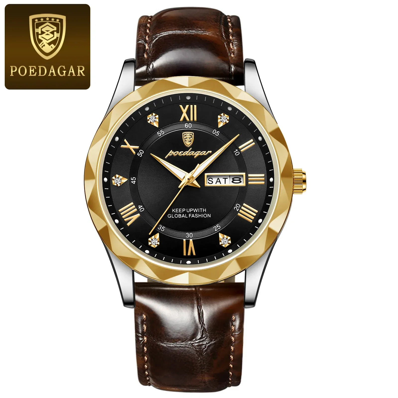 Color: BRONZE - POEDAGAR Luxury Business Man Wristwatch Waterproof Luminous Date Week Men Watch For Men Quartz Clock Leather Men's Watches reloj