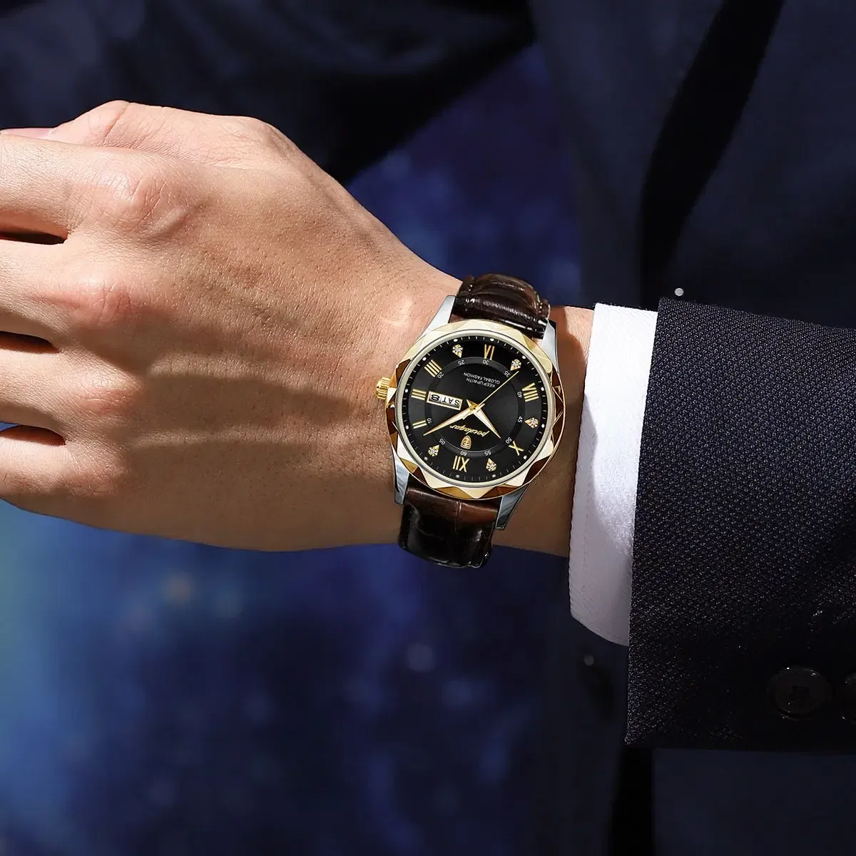 Color: BRONZE - POEDAGAR Luxury Business Man Wristwatch Waterproof Luminous Date Week Men Watch For Men Quartz Clock Leather Men's Watches reloj