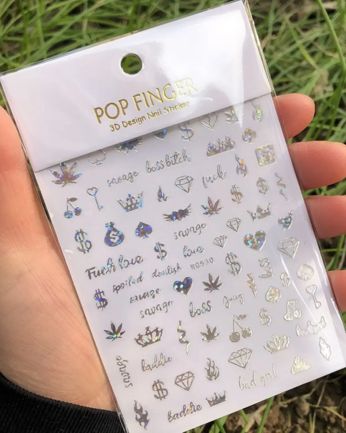 Color: Khaki - 1PCS New English Alphabet Nail Stickers Multi-Color Laser Reflective Nail Slider Art Cool Text Nail Kit