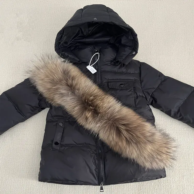 Color: Beige, Kid Size: 3T - Kids Winter Down Jacket Shiny Real Raccoon Fur Collar Toddler Boys Hooded Coat Baby Girls Warm Snowsuit Children's Parkas