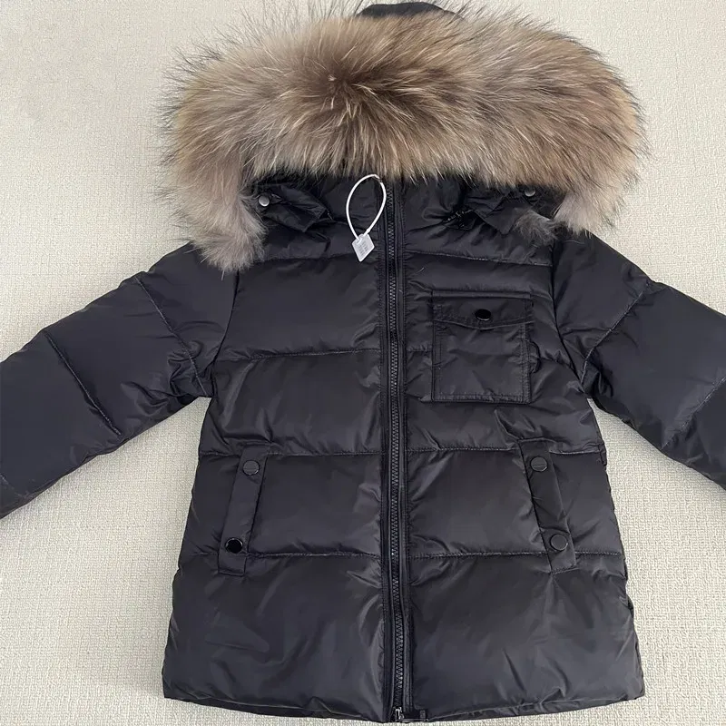 Color: Beige, Kid Size: 3T - Kids Winter Down Jacket Shiny Real Raccoon Fur Collar Toddler Boys Hooded Coat Baby Girls Warm Snowsuit Children's Parkas