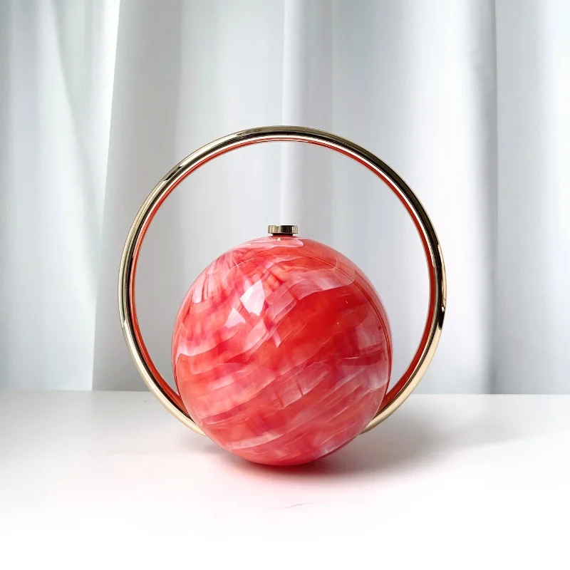 Color: WHITE - 2025 New Marble Pattern Spherical Banquet Bag for Women Trendy Electroplated Handle PVC Handbags Lady Mini Purse Evening Clutch