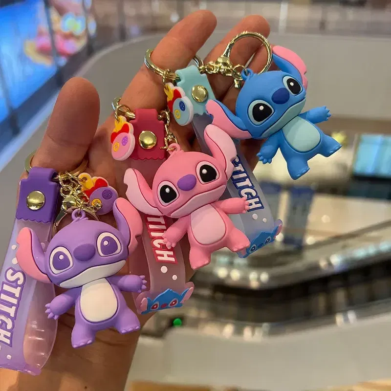 Color: WHITE - Cartoon Disney Lilo & Stitch Silicone Pendant Keychain for Women Men Fans Lovely Pink Blue Purple Stitch Angel Keyring Gifts