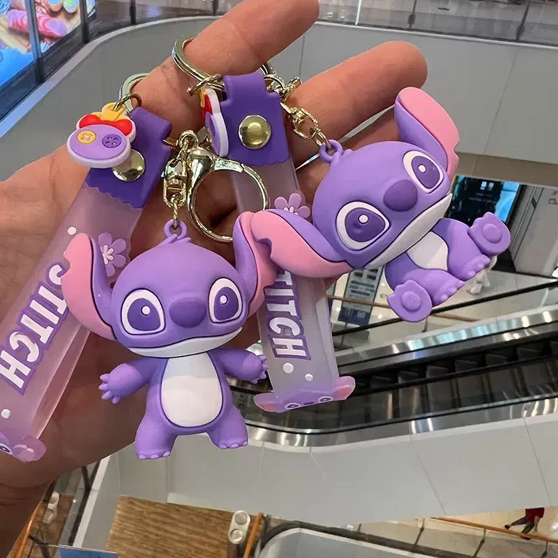 Color: WHITE - Cartoon Disney Lilo & Stitch Silicone Pendant Keychain for Women Men Fans Lovely Pink Blue Purple Stitch Angel Keyring Gifts
