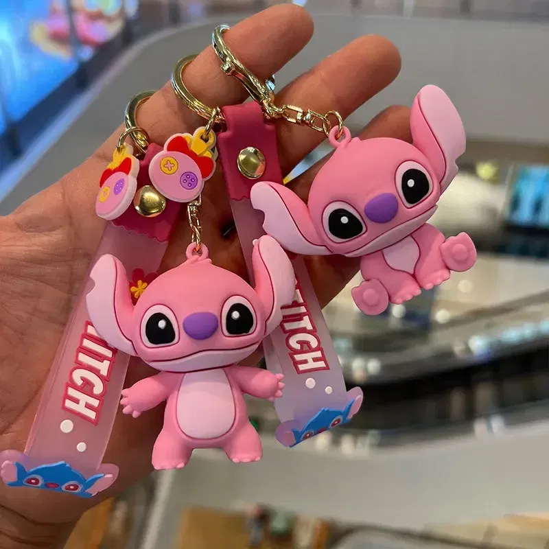 Color: WHITE - Cartoon Disney Lilo & Stitch Silicone Pendant Keychain for Women Men Fans Lovely Pink Blue Purple Stitch Angel Keyring Gifts