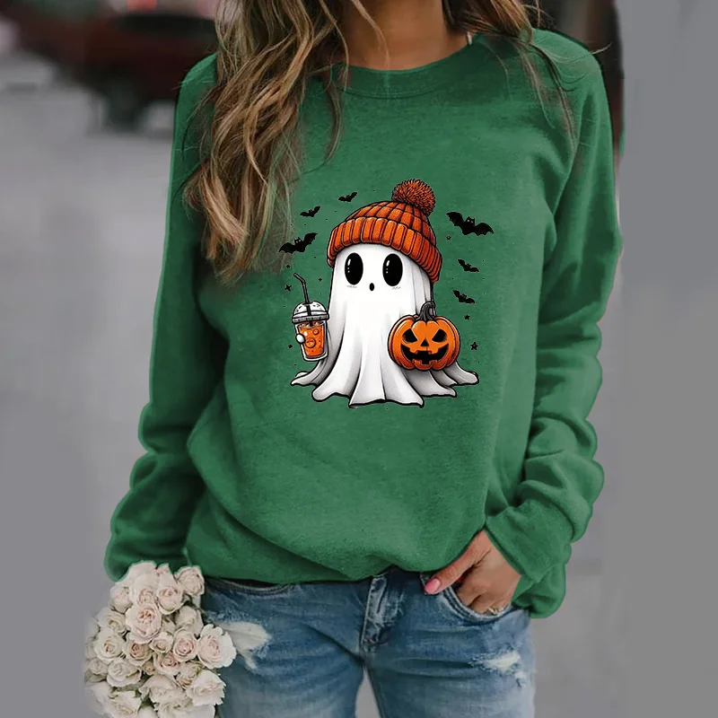 Color: green, Size: L - Cute Ghost Pattern Sweater Women's Casual Halloween Ghost Harajuku Pullover Fall Women's Tops