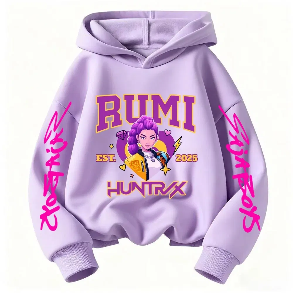 Color: Blue, Kid Size: 8 - 2025 KPop Devil Hunter Cartoon Girl Boy Hooded Sweatshirt Kawaii Children's Korean Wave Casual Fashion Top