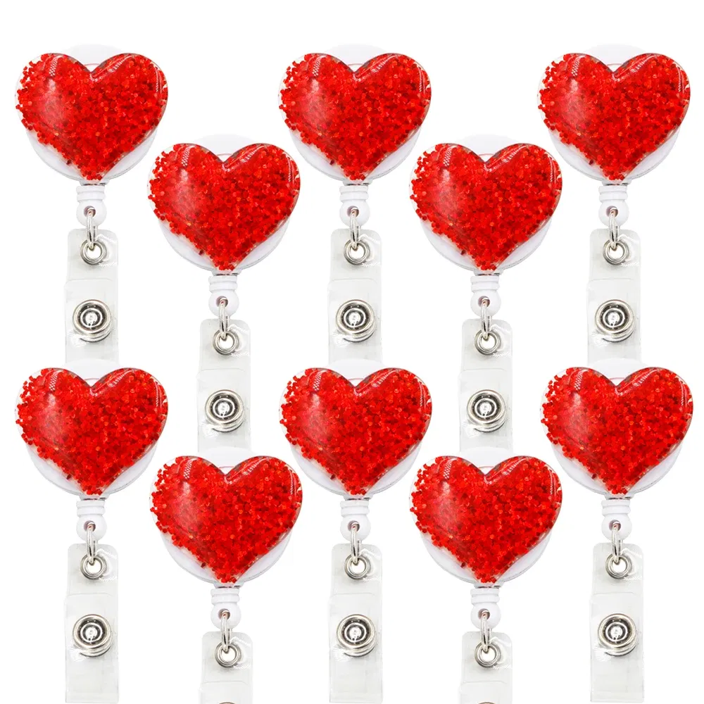 Color: Red - idclip 10 Pcs Bling Love Heart Retractable Badge Holder Badge Clips for Nurse ID Badge Reel with Alligator Clip